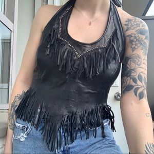 Genuine Black Leather Studded Fringe Halter Vest